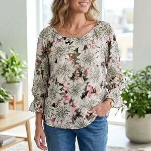 Northern Reflections Floral Dobby Swiss Dot 3/4 Sleeve Blouse Tropical Boho Chic